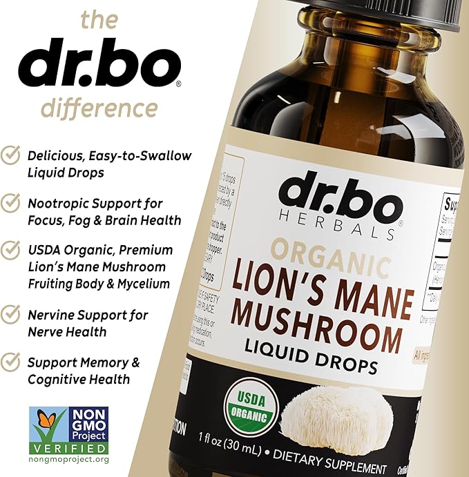 Lions Mane Mushroom Supplement Drops - Organic Lion's Mane Mushroom Liquid Tincture for Focus, Fog Brain Health Supplements - Vegan Herbal Nervine Nootropic Organic Lions Liquid Supplement Extract 1oz