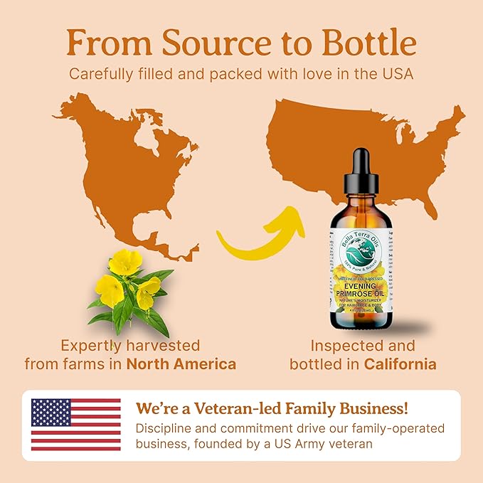 Bella Terra Oils - Organic Evening Primrose Oil 4 oz - Dive into Pure Primrose Essence, Abundant in Fatty Acids, A Luxurious Blend for a Radiant Glow