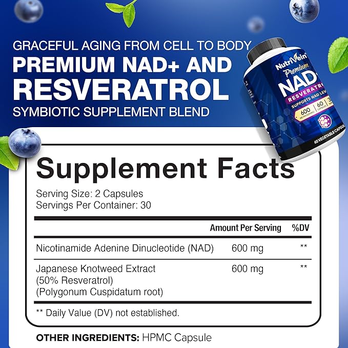 Nutrivein Premium NAD + Resveratrol Supplement 600 mg - 30 Servings (60 Capsules): Powerful Synergistic NAD Resveratrol Supplement - Aging, Cognition, Metabolism, & Overall Well-Being