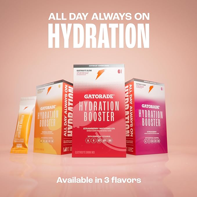 Gatorade Hydration Booster Electrolyte Drink Mix Powder Packets, Citrus Berry, Advanced Electrolyte Blend, No Added Colors, No Artificial Sweeteners, Essential Vitamins A, C, B3, B5, B6, Makes 20 Fl Oz, (6 Pack)