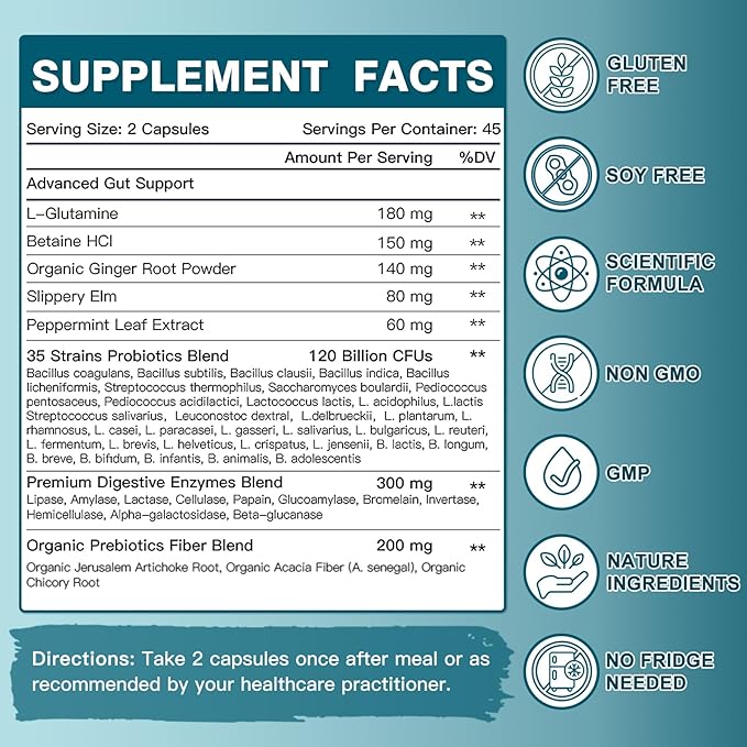 Probiotics for Women-Men Digestive Health with 120 Billion CFUs, Prebiotics and Probiotics for Women-Men, Digestive Enzymes, Nutrient Absorption, Immune Support, 90 Veggie Caps (45 Days Supply)