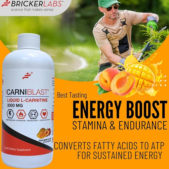 CARNIBLAST Liquid L-Carnitine 3000mg – Carnipure® Sports Nutrition Supplement for Energy, Stamina & Workout Recovery – Peach Mango Flavor, 16 Fl Oz, Vegan, Gluten-Free, Non-GMO