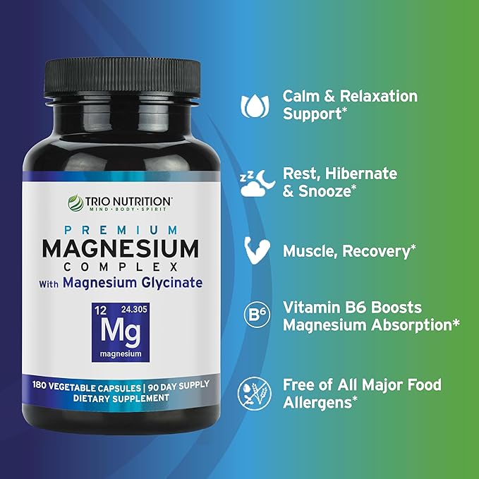 Trio Nutrition Magnesium Complex 90 Day Supply 420 mg | Natural Calm, Relax, Stress Relief, and Muscle Recovery |Magnesium Glycinate Supplement with Vitamin B6 for Rapid Absorption*