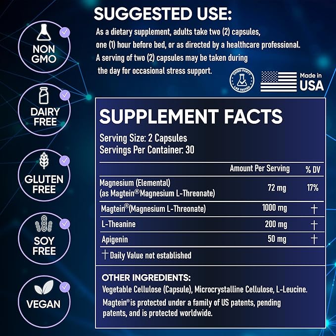 Clinically Studied โ Premium High Absorption Magnesium Sleep Supplement โ Magnesium L-Threonate L-Theanine Apigenin โ Sleep & Stress Support โ Third Party Tested โ Made in USA โ Gluten Free
