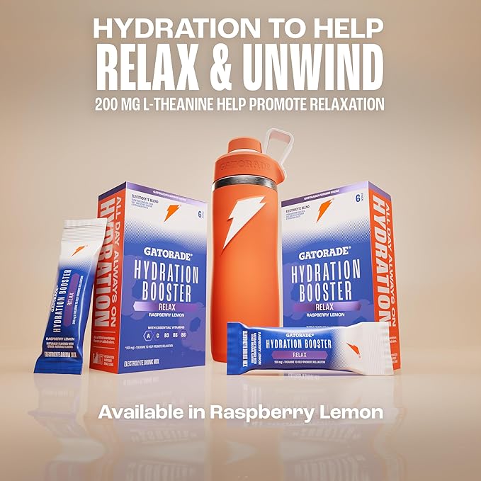 Gatorade Hydration Booster Electrolyte Drink Mix Powder Packets, Relax and Unwind, Raspberry Lemon, Makes 20 Fl Oz (6 Pack)