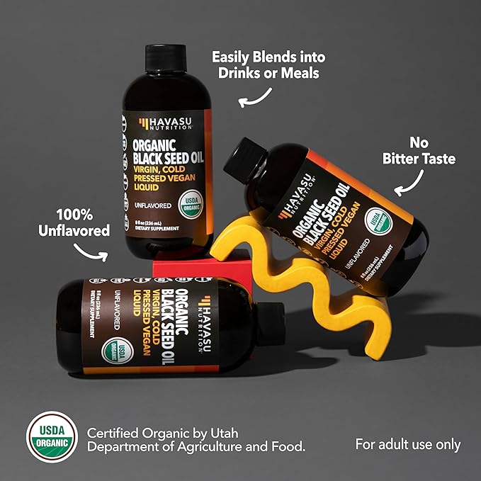 Organic Black Seed Oil Cold Pressed Liquid - Black Cumin Supplement for Immune System Function, Digestive Support, Hair Nourishment & Overall Health - 8 Fl Oz - Unflavored, Non-GMO, Vegan