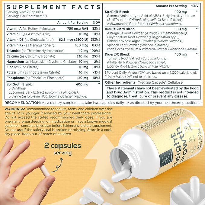 25-in 1 Bone Strength Supplement - for Natural Growth, Digestion and Stress - High Absorption - Calcium, Magnesium, Zinc, Ashwaganda and Multivitamins for Age 12+ | 2 Bottles
