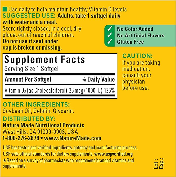 Nature Made Vitamin D3 1000 IU (25 mcg), Vitamin D Supplement for Bone, Teeth, Muscle and Immune Health Support, 100 Softgels, 100 Day Supply