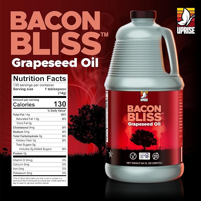Bacon Bliss Grapeseed Oil – 64 oz Bulk Bottle | Bacon Flavored Cooking Oil for Popcorn, Roasting, and Sautéing | Plant-based Alternative with High Smoke Point | Non-GMO, Gluten-Free, Vegan