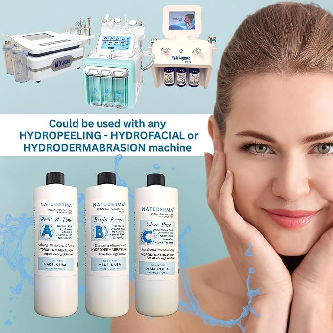 Hydrodermabrasion Solution, Aqua Peeling Serum, Solution for Wet Microdermabrasion, 3 bottles of 16 oz each, Natuderma Hydro Serum. MADE IN USA
