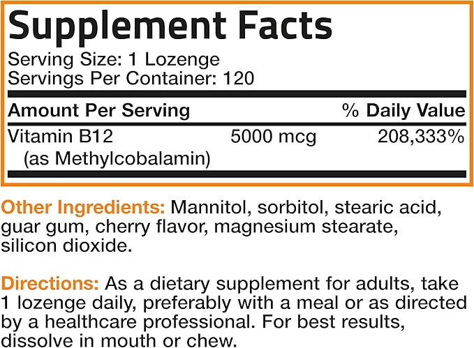 Bronson Methyl B12 5000 mcg Vitamin B12 Methylcobalamin Energy & Brain Support, 120 Lozenges
