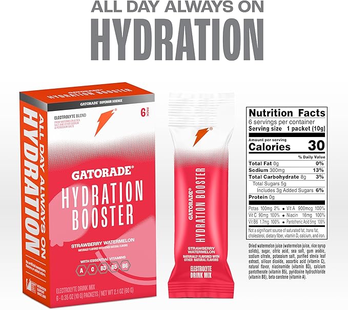 Gatorade Hydration Booster Electrolyte Drink Mix Powder Packets, Strawberry Watermelon, Advanced Electrolyte Blend, No Added Colors, No Artificial Sweeteners, Essential Vitamins A, C, B3, B5, B6, Makes 20 Fl Oz (6 Pack)