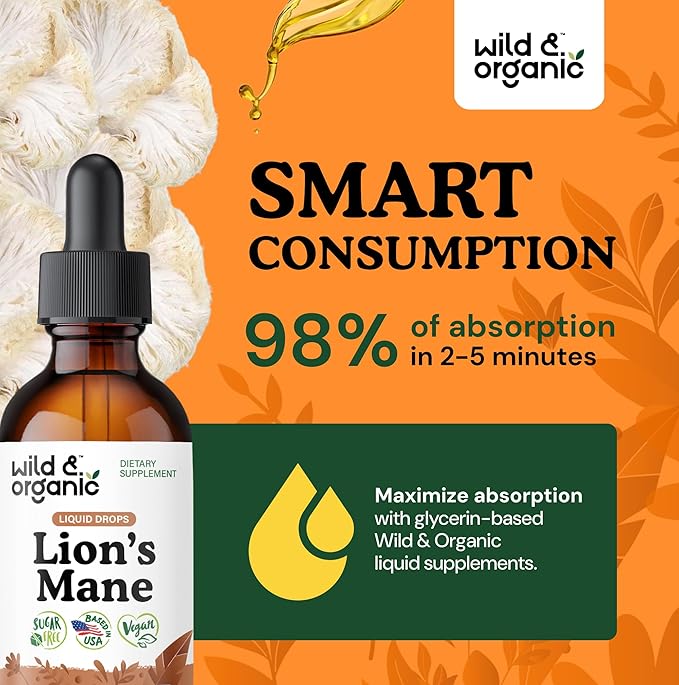 Wild & Organic Lions Mane Liquid Drops - Focus & Brain Support - Lions Mane Supplement - Hericium Erinaceus Mushroom Extract Tincture - Vegan, Alcohol & Sugar-Free - 2 fl oz