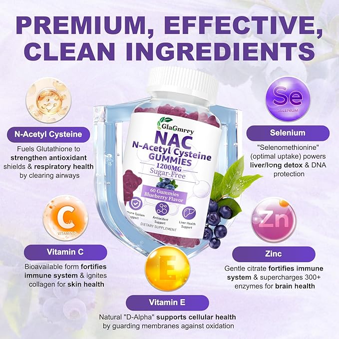 Sugar Free NAC Gummies for Kids & Adults, 1200mg NAC Supplement N Acetyl Cysteine with Selenium Zinc Vitamin C & E, NAC 600mg Per Gummy, Support Liver Health, Antioxidant, Immune System, 60 Count