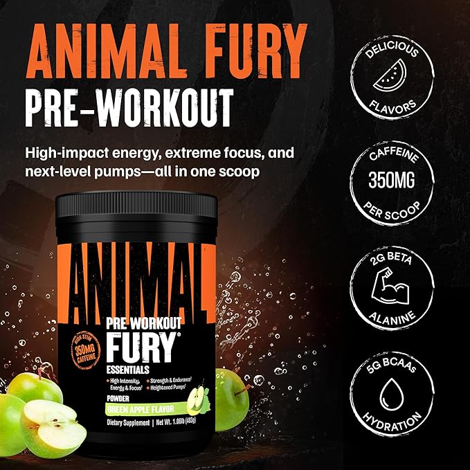 Animal Fury Pre Workout Powder - Green Apple, 350mg Caffeine, BCAA Amino Acids, 2g Beta Alanine, Citrulline & Tyrosine, Energy, Focus, Strength, Endurance, Preworkout for Men & Women, 20 Servings