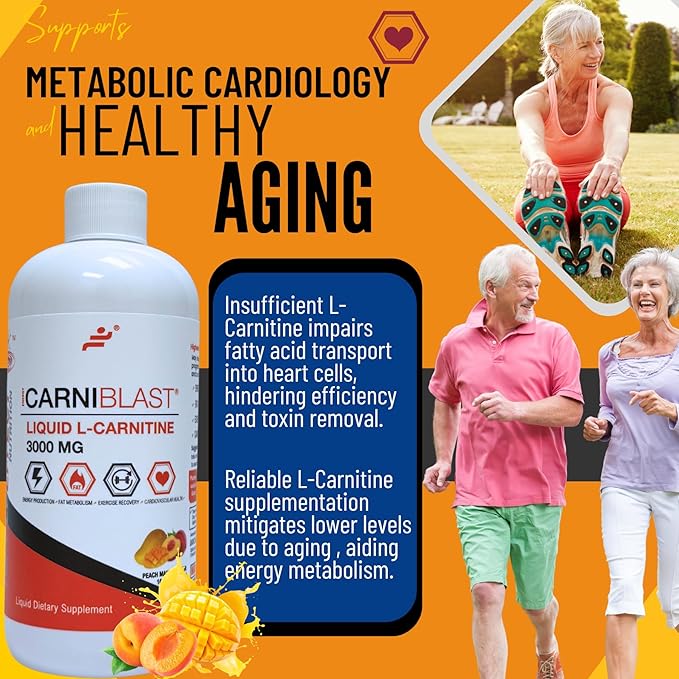 CARNIBLAST Liquid L-Carnitine 3000mg – Carnipure® Sports Nutrition Supplement for Energy, Stamina & Workout Recovery – Peach Mango Flavor, 16 Fl Oz, Vegan, Gluten-Free, Non-GMO