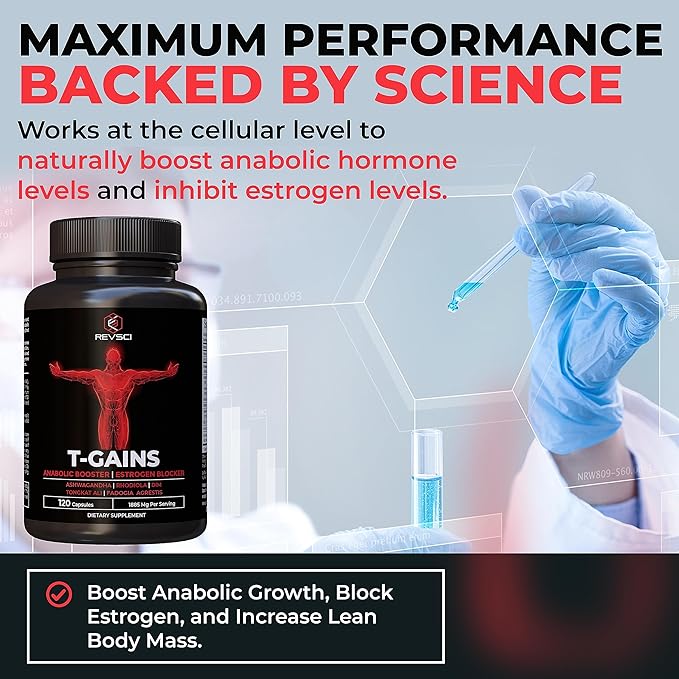 Anabolic Booster for Muscle Growth, T-GAINS Test Booster & Estrogen Blocker for Men, Mens Testosterone Booster Supplement, HGH Supplements Muscle Builder with Tongkat Ali Fadogia Agrestis, 120 Caps