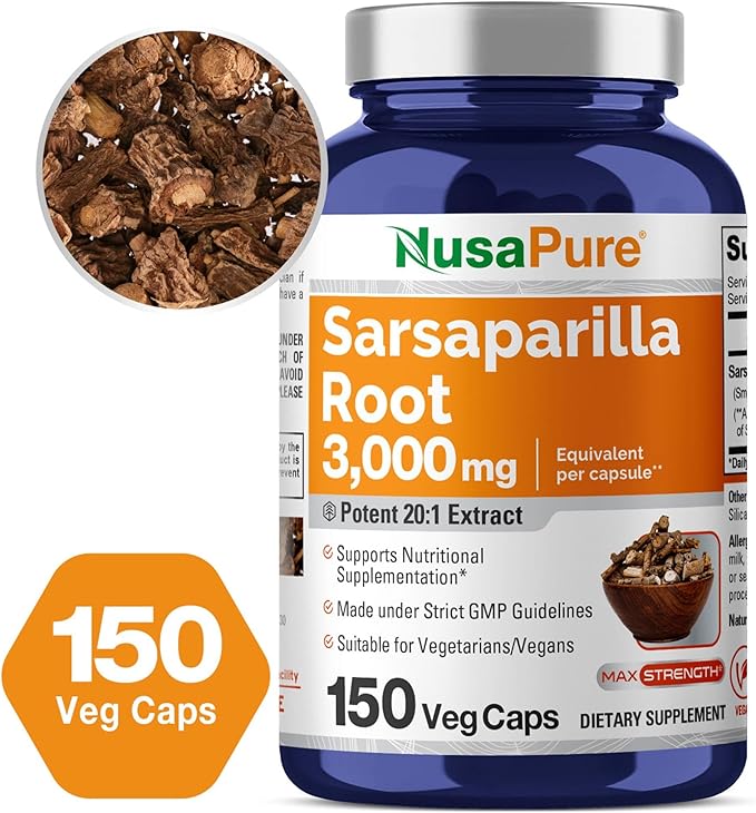 NusaPure Sarsaparilla Root 20:1 Extract, 150 mg Equivalent to 3,000mg | 150 Veggie Caps | Non-GMO