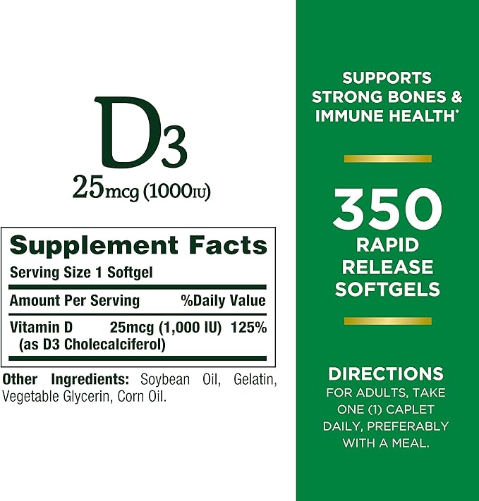 Nature's Bounty Vitamin D3 1000 IU Softgels, Immune Support, Promotes Healthy Bones, 1 Softgel per Day, Gluten Free, 350 Count