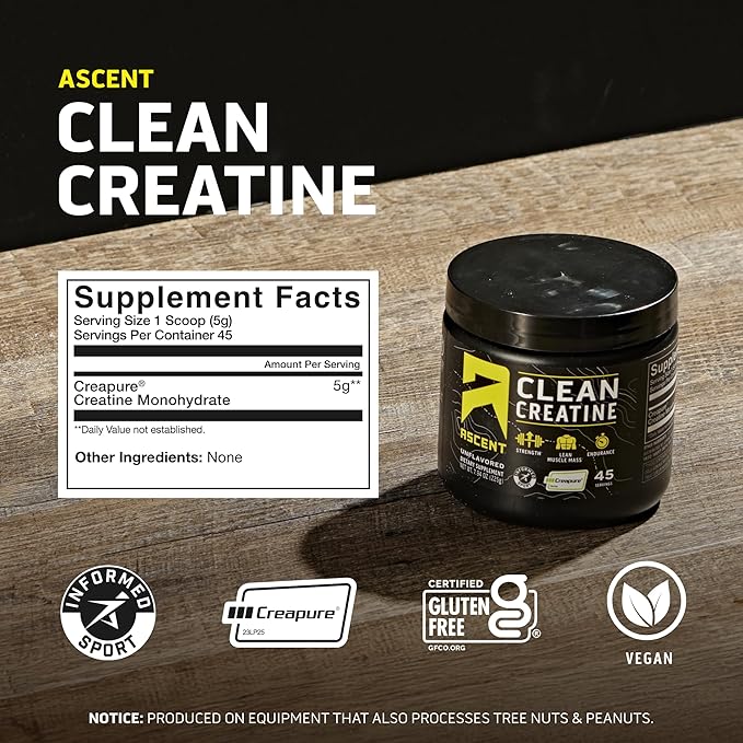 Ascent Clean Creatine Monohydrate Powder - 5G Per Serving, Creapure Supplement - Unflavored, 45 Servings
