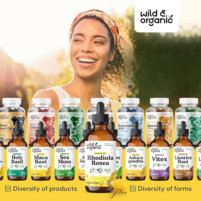 Wild & Organic Rhodiola Rosea Tincture - Rhodiola Rosea Supplement for Mood Support - Relaxing Root Extract Liquid Drops - Vegan, Sugar & Alcohol-Free - 4 fl oz