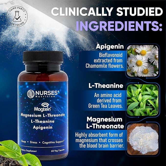 Clinically Studied โ Premium High Absorption Magnesium Sleep Supplement โ Magnesium L-Threonate L-Theanine Apigenin โ Sleep & Stress Support โ Third Party Tested โ Made in USA โ Gluten Free