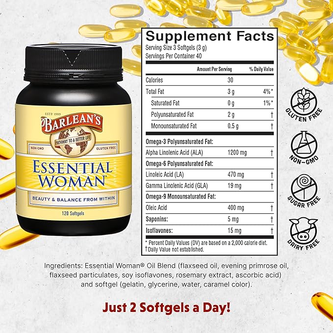 Barlean's Essential Woman Supplement Capsules, Women's Flaxseed and Evening Primrose Oil for Hormone Balance, Omega 3 6 9 and GLA Acid, 120 Count