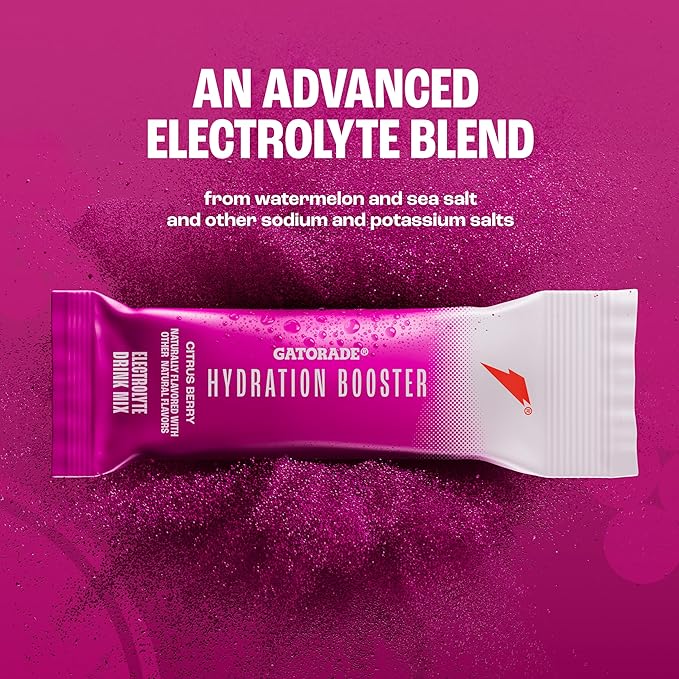 Gatorade Hydration Booster Electrolyte Drink Mix Powder Packets, Citrus Berry, Advanced Electrolyte Blend, No Added Colors, No Artificial Sweeteners, Essential Vitamins A, C, B3, B5, B6, Makes 20 Fl Oz, (6 Pack)