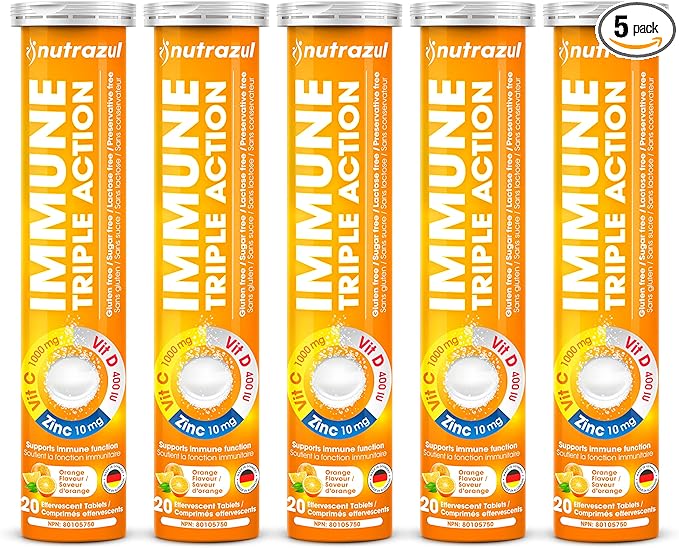 nutrazul Immune Triple Action Effervescent Tablets - Vitamin C 1000 mg, Vitamin D 400 IU, Zinc 10mg I Orange (Pack of 5X20) | Gluten Free, Sugar Free, Lactose Free & Preservative Free
