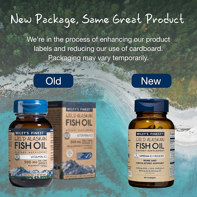 Wiley's Finest Wild Alaskan Fish Oil Vitamin K2 & D3 Softgels - 500mg of EPA and DHA Omega-3s for Bone and Heart Health Support - 60 Softgels (60 Servings)