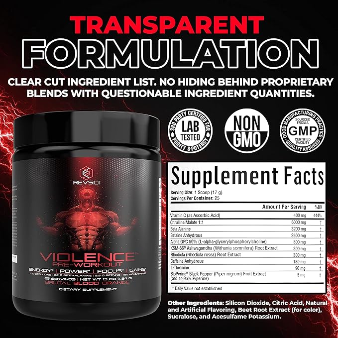 Violence Pre Workout Powder for Men & Women, Clinically Dosed Preworkout, 180 mg Caffeine + L-Theanine, L Citrulline Malate, Beta Alanine, Alpha GPC - 25 Servings, Blood Orange - Energy, Focus & Pump