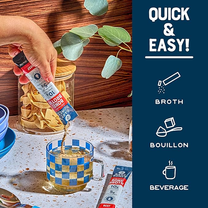 Bare Bones Beef Bone Broth Instant Powdered Mix | Rich Savory Packets on-the-Go No Artificial Flavors | 100% Grass Fed Keto & Paleo Friendly | Sticks 10g Protein | 32 Pack