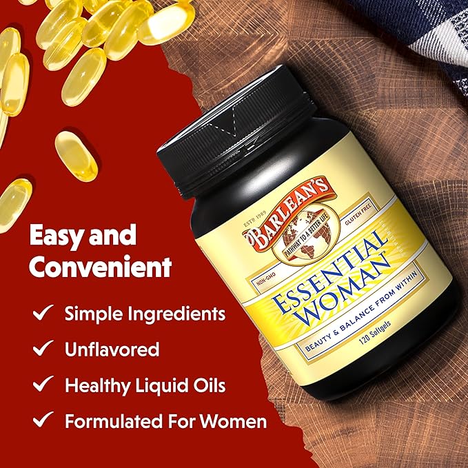 Barlean's Essential Woman Supplement Capsules, Women's Flaxseed and Evening Primrose Oil for Hormone Balance, Omega 3 6 9 and GLA Acid, 120 Count