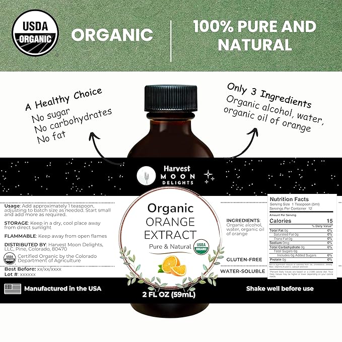 Organic Orange Extract for Baking, Ice Cream, Drinks, and Candy - 2 oz - Water-Soluble - By Harvest Moon Delights - Pure Orange Extract, Orange Flavoring, Orange Flavor