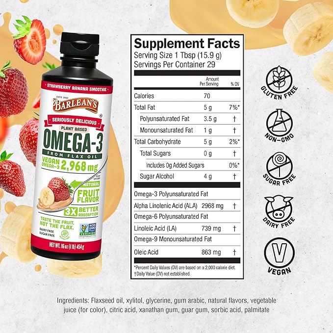 Barlean's Vegan Omega 3 6 9 Flaxseed Oil Liquid Supplement, Strawberry Banana Smoothie, Flax Seeds Oil with 2,968 mg ALA Fatty Acid, Non-GMO and Gluten Free, 16 oz