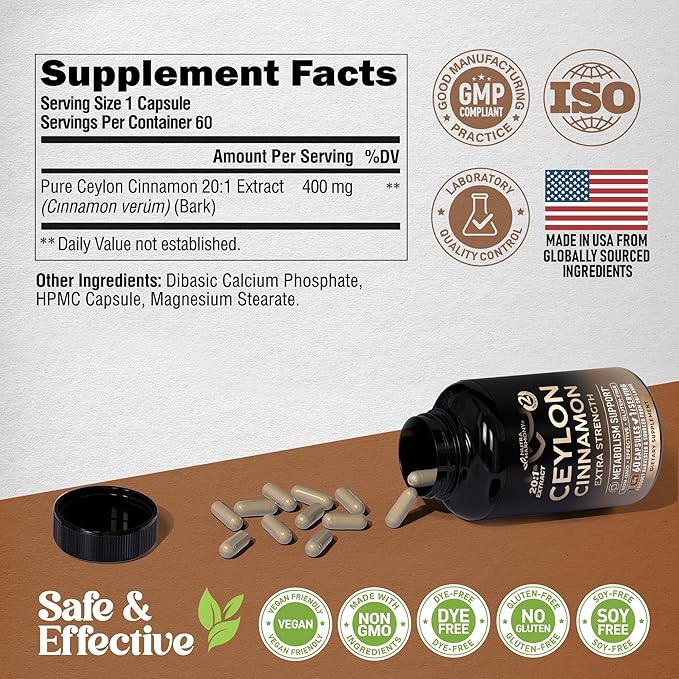 Ceylon Cinnamon Capsules - Extra Strength - Energy Heart & Metabolism Support for Men & Women - Pure Natural Cinnamon 20:1 Extract Supplement - GMO & Gluten Free - Made in USA - 60 Capsules 2 Month