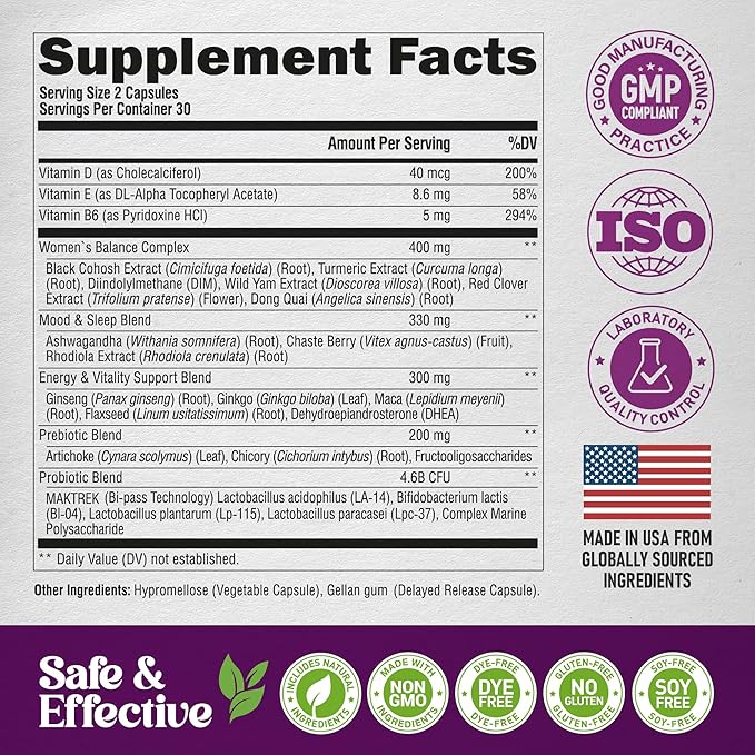 Menopause Supplements for Women - Dong Quai, Black Cohosh, Pre & Probiotics - Sweats & Hot Flashes Relief - Digestion, Sleep & Mood Support - 25-in-1 Perimenopause Complex - Made in USA - 60 Capsules