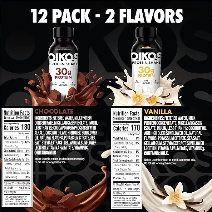 Oikos Protein Shake, Exclusive Variety Pack, 30g High Protein Drinks, Shelf Stable, Ready to Drink, 5g Prebiotic Fiber, 12 fl oz Bottle (8 ct Vanilla, 4 ct Chocolate