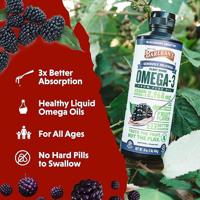 Barlean's Vegan Omega 3 6 9 Flaxseed Oil Liquid Supplement, BlackBerry Smoothie, Flax Seed Oil, 2,968 mg ALA Fatty Acid, Non-GMO and Gluten Free, 16 oz