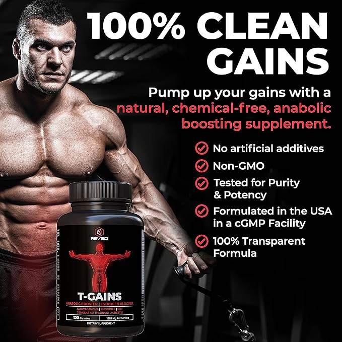 Anabolic Booster for Muscle Growth, T-GAINS Test Booster & Estrogen Blocker for Men, Mens Testosterone Booster Supplement, HGH Supplements Muscle Builder with Tongkat Ali Fadogia Agrestis, 120 Caps