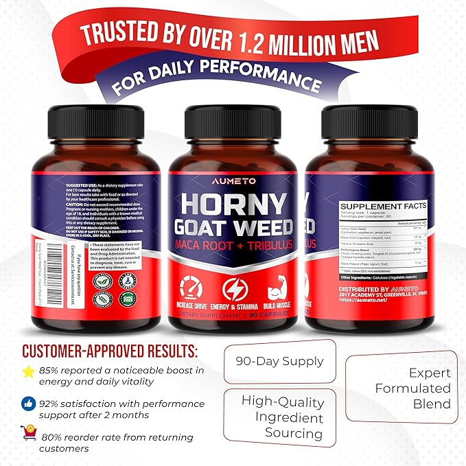 Horny Goat Weed Supplement with L-Arginine Tribulus Terrestris Maca Root Tongkat Ali - Male Energy, Strength and Memory Support (90 Count (Pack of 1))