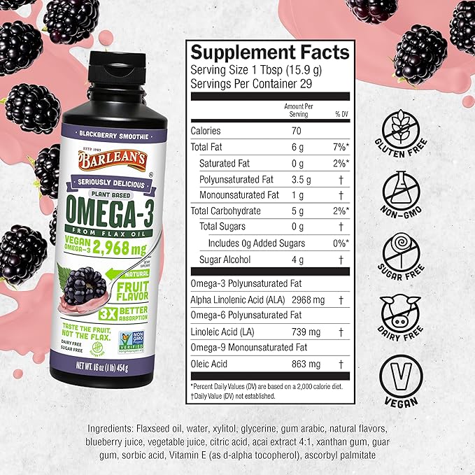 Barlean's Vegan Omega 3 6 9 Flaxseed Oil Liquid Supplement, BlackBerry Smoothie, Flax Seed Oil, 2,968 mg ALA Fatty Acid, Non-GMO and Gluten Free, 16 oz