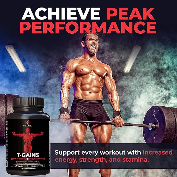 Anabolic Booster for Muscle Growth, T-GAINS Test Booster & Estrogen Blocker for Men, Mens Testosterone Booster Supplement, HGH Supplements Muscle Builder with Tongkat Ali Fadogia Agrestis, 120 Caps