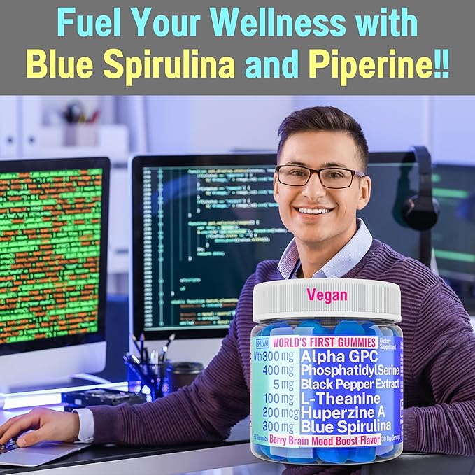 Alpha GPC Huperzine A PhosphatidylSerine L-Theanine Blue Spirulina Bioperine Gummies, Alpha-GPC Huperzine-A Phosphatidyl Serine L Theanine Supplement, Powder Capsules Tablets Liquid Supplements Alt
