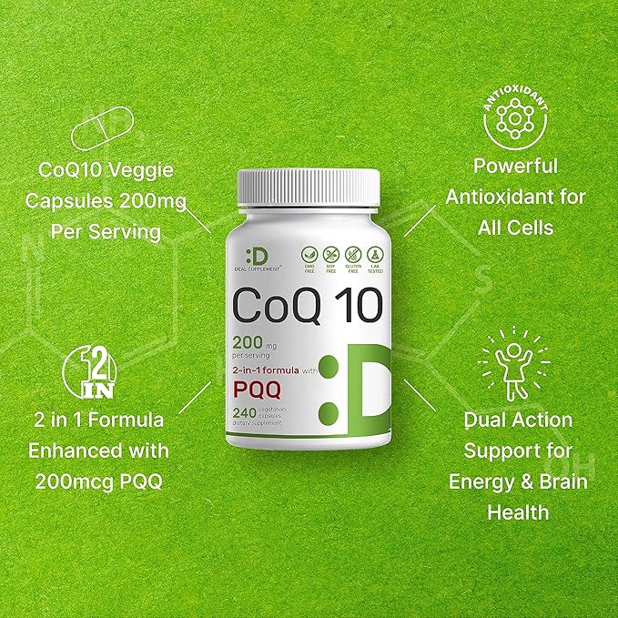 DEAL SUPPLEMENT CoQ10 200mg with PQQ 200mcg, 240 Veggie Capsules | Bioavailable Coenzyme Q10 Complex | Supports Heart, Energy & Brain Health | Antioxidant Support | Non-GMO