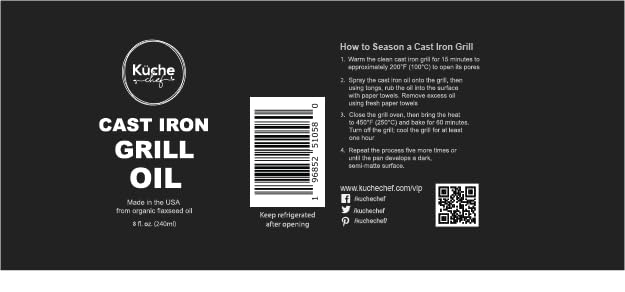 Organic BBQ Grill Seasoning Oil (8oz) - Made from Flaxseed Oil grown and pressed in the USA - Creates a Non-Stick Seasoning on All Cast Iron Grills and BBQs (240ml)