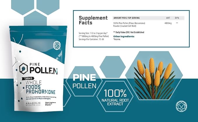 Pine Pollen Powder – Natural Whole Foods Prohormone & Testosterone Booster for Men to Boost Energy, Stamina, Hormone Balance, Anti-Aging & Nutritional Restoration – Powder (60g)