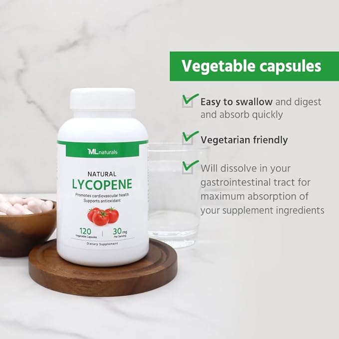 ML Naturals Natural Lycopene 30 mg 120 Vegetable Capsules. All-Natural from Tomatoes. Antioxidant & Immune Support, Cardiovascular Health & Prostate Health, NSF-Certified & cGMP-Compliant.