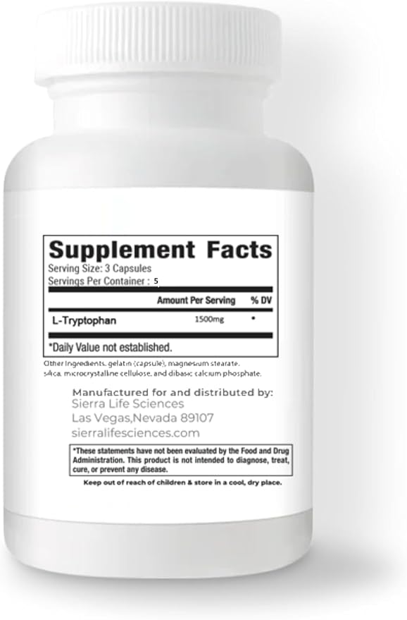 1500mg High Dose L-Tryptophan Max in Easy-to-Swallow Capsules | Gluten-Free, Non-GMO | Travel Size (Single)