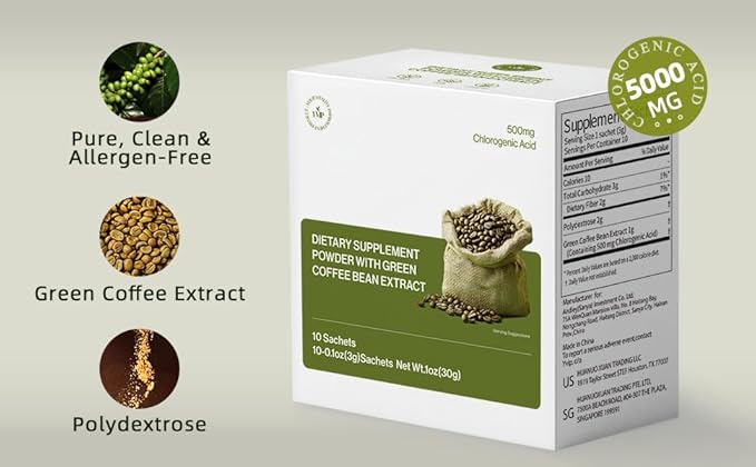 YVIP Green Coffee Bean Extract Powder 3g - Rich of Chlorogenic Acid, Antioxidant-Rich, Lower Caffeine, Clean & Pure, with Polydextrose, Supports Digestion, Metabolism & Blood Sugar (10 Count)